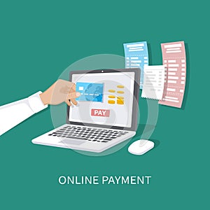 Online payment concept. Payment of bills, checks, online shopping via mobile app. E-commerce, electronic business.