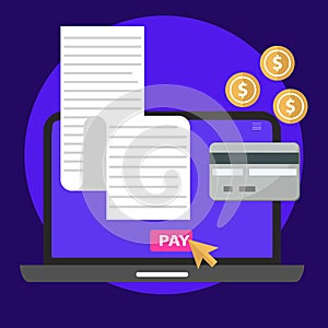 Online payment concept. Phone laying down on bill heap. Flat vector icon. Flat design modern vector illustration concept