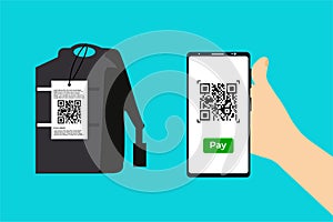 Online payment concept by scanning QR code in a smartphone vector. Flat design of a QR code payment information and a hand holding