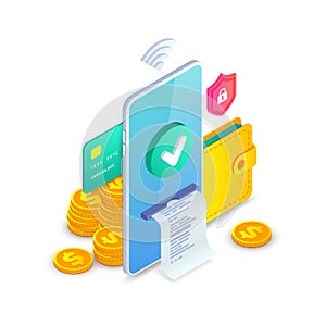 Online payment, Electronic bank app, Successfull Money transfer Isometric concept. Online shopping 3d design template