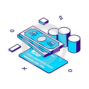 Online payment financial success credit card cash money currency and coins pile isometric vector