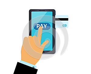 Online payment. Hand presses the pay button on the smartphone.