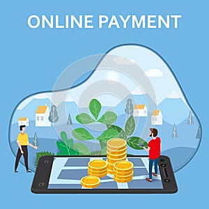 Online payment, internet money tansfer. Man buyer, smartphone, stacks coins, isometric. Concept mobile Ecommerce