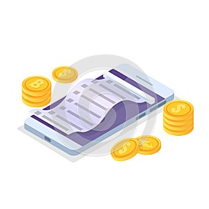 Online payment isometric concept with cash receipt. Mobile purse.