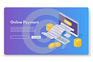 Online payment isometric concept with cash receipt. Mobile purse.