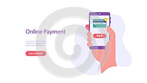 Online payment on mobile phone with credit card, check. Hand holds phone. Concept of secure payment, transfer money, pay online.