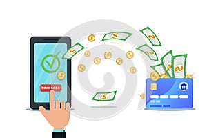 Online payment, money transfer, mobile wallet app concept. Flat smartphone with nfc credit card and check mark isolated