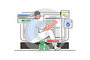 Online payment outline web concept with character scene. Man receives digital check and makes payment. People situation in flat