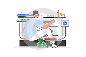 Online payment outline web concept with character scene. Vector illustration
