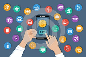 Online payment. Pay for goods and services by mobile app service. Payment service international transfers on the phone screen.