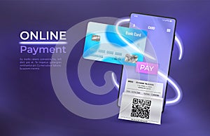 Online payment poster with mobile phone, credit card and bill. Smartphone device with receipt. Digital pay service or