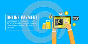 Online payment process, e-payment, application, money transfer, shopping, e-commerce concept. Flat design vector banner.