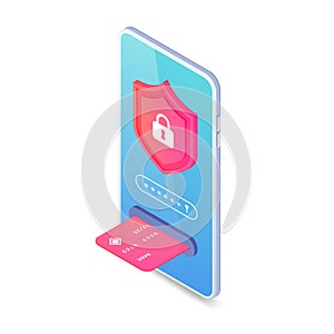 Online payment protection isometric concept. Safe mobile cashless payments, 3d smartphone with credit card, shield, password field