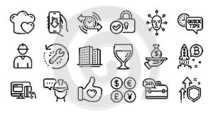 Online payment, Recovery tool and Buildings line icons set. Vector