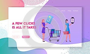 Online Payment, Shopping Website Landing Page. Female Customers Stand in Queue in Supermarket Prepare Credit Card