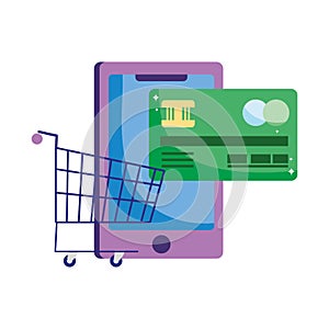 Online payment, smartphone bank card and cart market, ecommerce shopping, mobile app