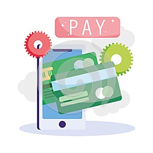 Online payment, smartphone bank card credit, ecommerce market shopping, mobile app