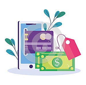 Online payment, smartphone bank card credit money transfer, ecommerce market shopping, mobile app