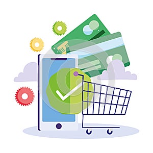 Online payment, smartphone bank cards shopping cart check mark, ecommerce market shopping, mobile app