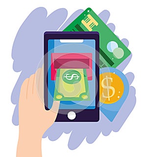 Online payment, smartphone banknote money credit card, ecommerce market shopping, mobile app