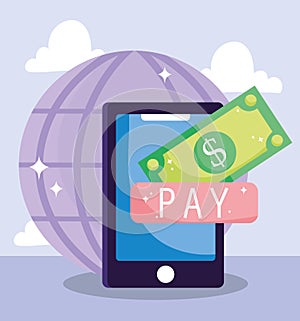 Online payment, smartphone banknote money world pay button, ecommerce market shopping, mobile app