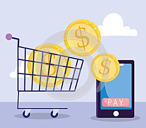 Online payment, smartphone and coins in shopping cart, ecommerce market, mobile app