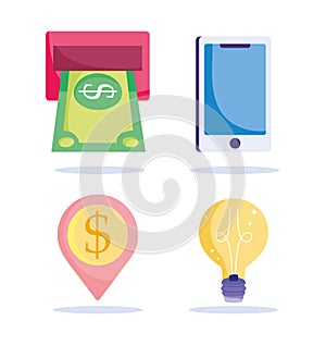 Online payment, smartphone money location pin, ecommerce market shopping, mobile app icons