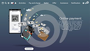 Online payment, Smartphone screen with QR code for online payment transfer,with Text  Activities,Pay and charge,Wallet,Offer,Assis