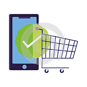 Online payment, smartphone shopping cart check mark, ecommerce market shopping, mobile app