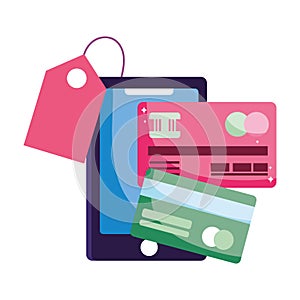 Online payment, smartphone tag price bank card credit, ecommerce market shopping, mobile app