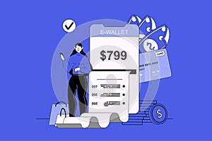 Online payment web concept with character scene in flat design. People make online transactions, using money transfer in app and