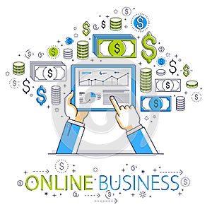 Online payments and shopping concept, man hands holding tablet and using apps, global network, marketplace, messenger, vector