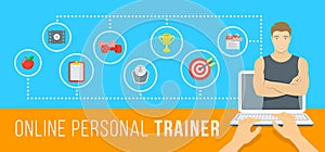 Online personal fitness instructor conceptual infographic illustration