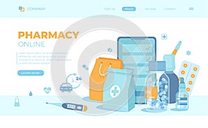 Online Pharmacy. Buy medicaments and drugs online. Pharmaceutical products in mobile application. Phone, medicine packages, pills, photo