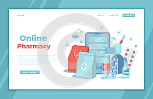 Online Pharmacy. Buy medicaments and drugs online. Pharmaceutical products in mobile application. Phone screen, medicine packages, photo