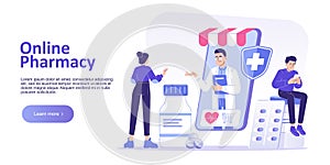 Online pharmacy concept. Doctor pharmacist in online drugstore standing in smartphone with medical supplies and pills. Landing