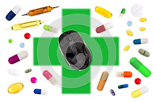 Online pharmacy concept with a Mouse on green cross with medecine, pills, capsules, tablets, medicinal pouch on white photo