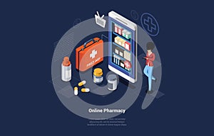 Online Pharmacy Concept Vector Illustration In Cartoon 3D Style. Dark Blue Background, Text. Modern Service Of Remote