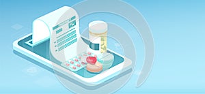 Online pharmacy and drug prescription concept. Vector of a smart phone with app to fulfil prescription medicine