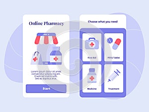 Online pharmacy first aid phill tablet medicine treatment for mobile apps template banner page UI with two variations