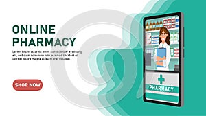 Online pharmacy flat illustration. Medicine ordering mobile app.