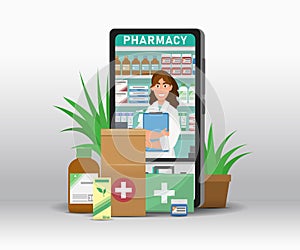 Online pharmacy flat illustration. Medicine ordering mobile app