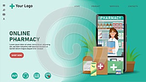 Online pharmacy flat illustration. Medicine ordering mobile app. Medical supplies, bottles liquids and pills. Drug store web page