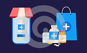 Online pharmacy flat illustration. Medicine ordering mobile app. Medical supplies, bottles liquids and pills. Drug store web page