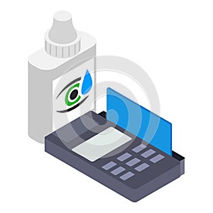 Online pharmacy icon isometric vector. Bottle with eye drop credit card reader