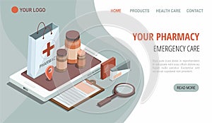 Online pharmacy isometric illustration. Smartphone with shopping bag, medical supplies, bottles liquids and pills. Medicine app