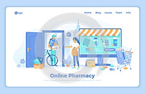 Online Pharmacy. Online medical store with delivery. Health service medical care app. Woman orders medicines on a large monitor.