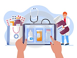 Online pharmacy store concept vector. Pharmacist holding medications. Pharma sopping bag with medical pills, drops