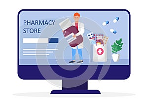 Online pharmacy store concept vector. Pharmacist holding medications. Pharma sopping bag with medical pills, drops