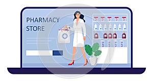 Online pharmacy store concept vector. Pharmacist holding medications. Pharma sopping bag with medical pills, drops